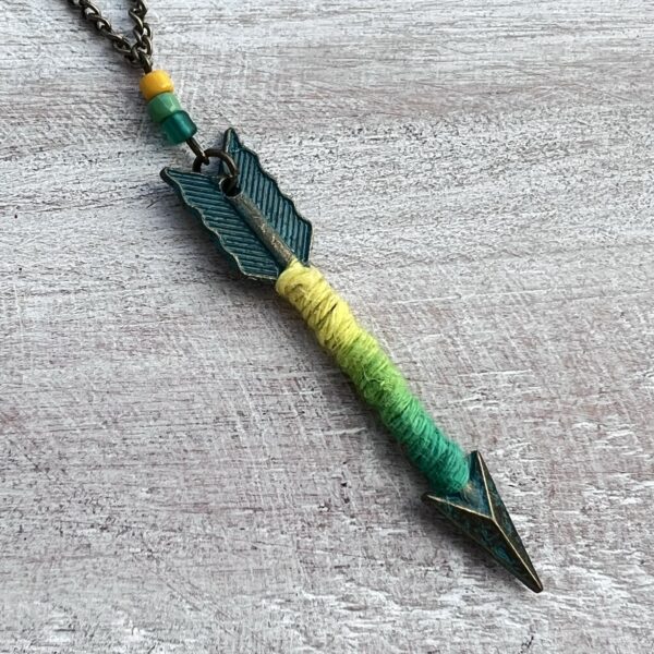 Yellow and Green Patina Arrow Bronze Necklace