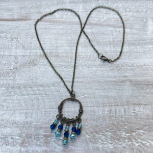 Teal Glass and Bronze Circle Chandelier Necklace