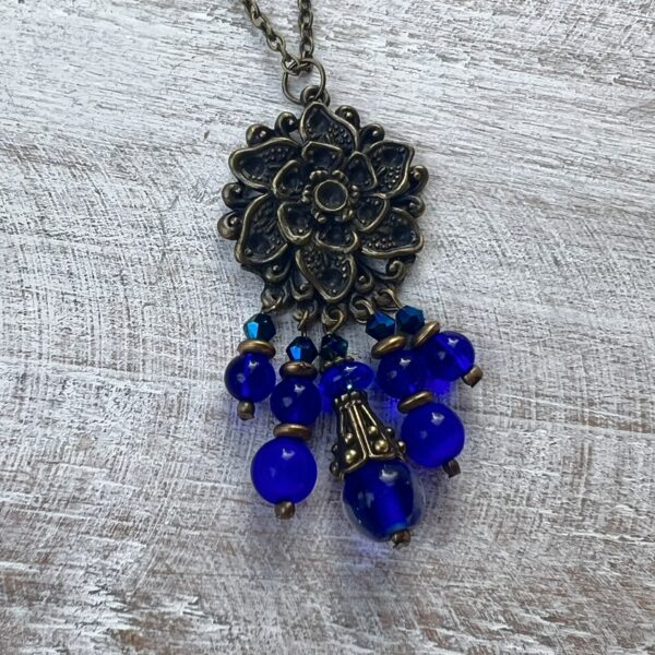 Royal Blue and Bronze Flower Chandelier Necklace
