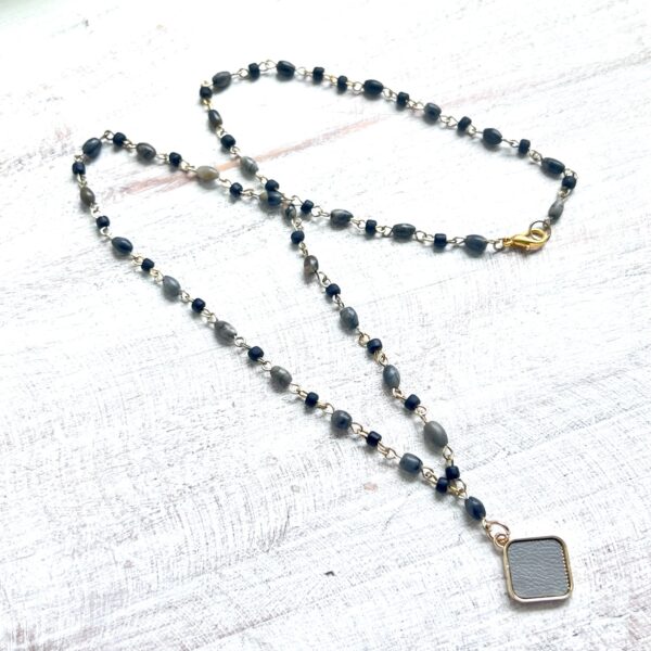 Black and Gray Agate and Gold Leather Pendant Necklace