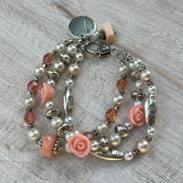 Peach Rose and Pearl Triple Strand Bracelet & Earrings Set