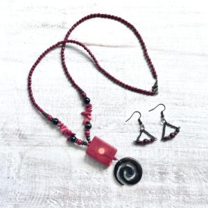 Red Coral, Glass and Wood Necklace & Earrings Set