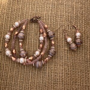 Bright Copper and Mauve Pink Multi-Strand Bracelet & Earrings Set