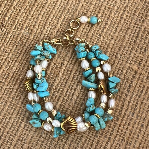 Turquoise, Freshwater Pearl & Gold Shell Multi-Strand Bracelet Set