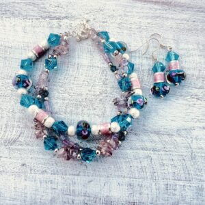 Teal and Pink Glass Multi-Strand Bracelet & Earrings Set