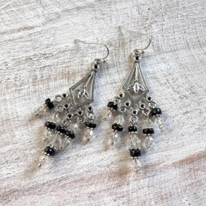 Black and Clear Triangle Leaf Chandelier Earrings