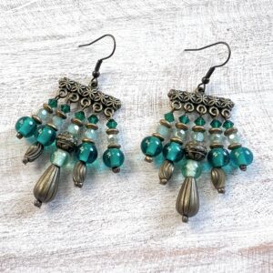 Teal and Bronze Straight Edge Chandelier Earrings