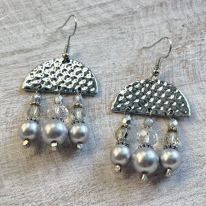 Gray Pearl and Clear Glass Half Moon Chandelier Earrings