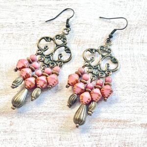 Pink Czech Glass Bronze Filigree Chandelier Earrings
