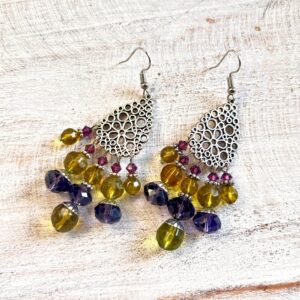 Green and Purple Glass Silver Teardrop Chandelier Earrings