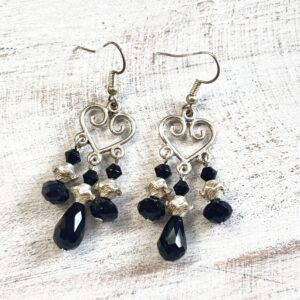 Black Glass and Silver Heart Chandelier Earrings