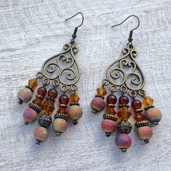 Amber and Frosted Glass Bronze Chandelier Earrings