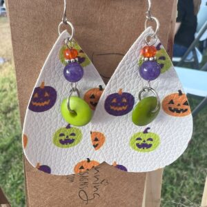 Pumpkin Teardrop Faux Leather Purple, Green & Orange Earrings