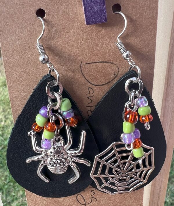 Black Leather Teardrop Earrings with Spider and Web Charms