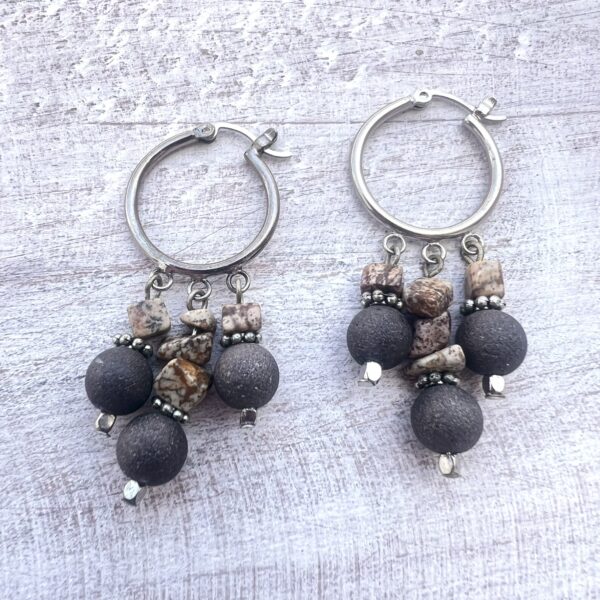 Jasper Chip Silver Hoop Chandelier Earrings