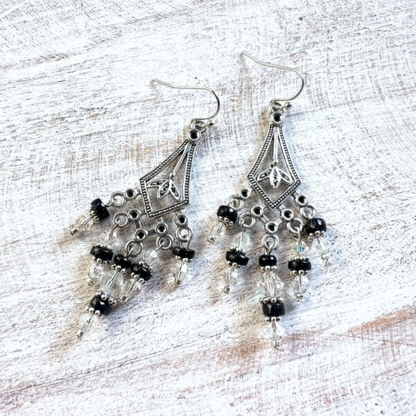 Black and Clear Triangle Leaf Chandelier Earrings