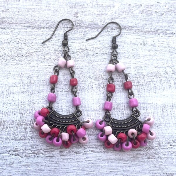 Triple Pink, Red and Bronze Chandelier Earrings