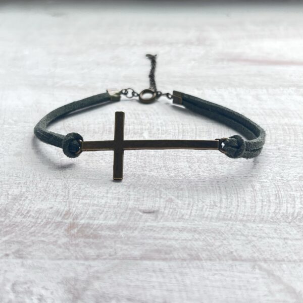 Bronze Cross Dark Green Suede Bracelet