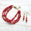 Red Glass Bicone & Pearl Gold Multi-Strand Bracelet & Earrings Set