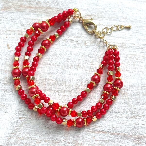 Red Glass Bicone & Pearl Gold Multi-Strand Bracelet & Earrings Set