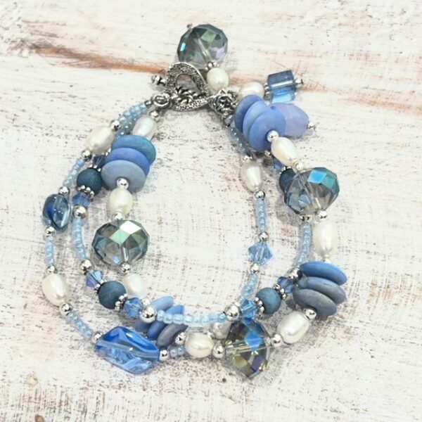 Triple Strand Light Blue and Freshwater Pearl Multi-Strand Bracelet & Earrings Set