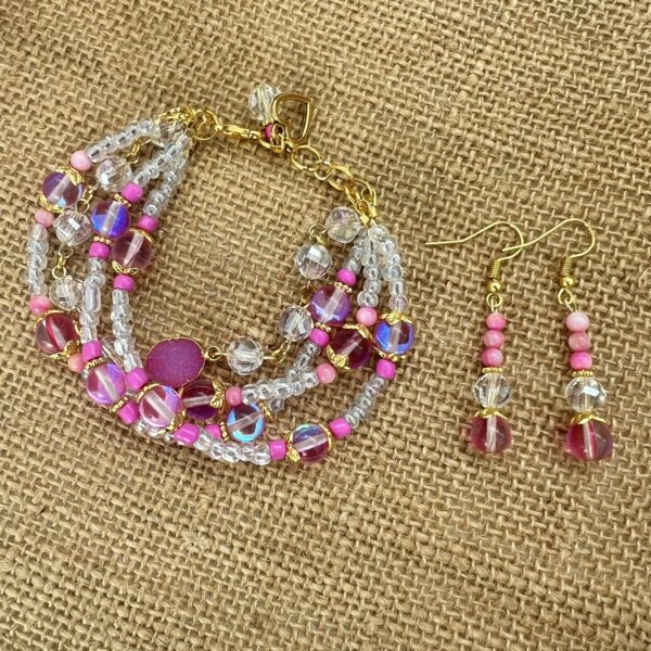 Hot Pink and Clear Glass Druzy Gold Tone Multi-Strand Bracelet & Earrings Set