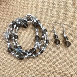 Iridescent Silver & Gray Starfish Multi-Strand Bracelet & Earrings Set