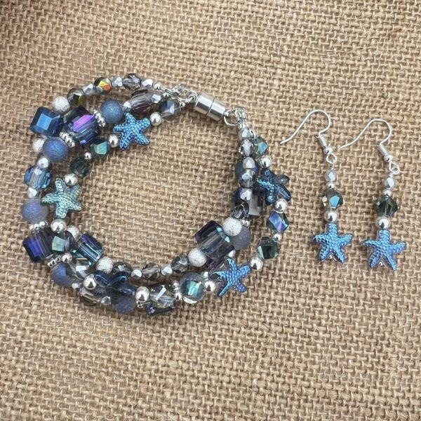Iridescent Gray and Blue Starfish Multi-Strand Bracelet & Earrings Set