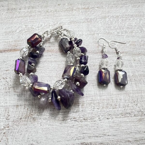 Purple Amethyst & Iridescent Glass Multi-Strand Bracelet & Earrings Set