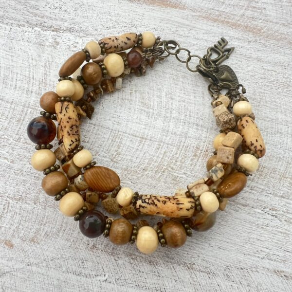 Brown Jasper, Cocoa and Wood Bronze Multi-Strand Bracelet & Earrings Set