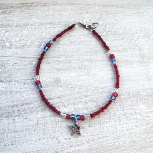 Red, White and Blue Patriotic Silver Tone Star Beaded Anklet