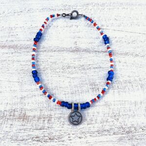 Red, White and Blue Patriotic Pewter Star Beaded Anklet