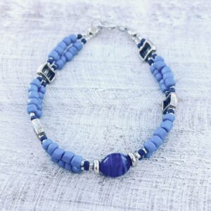 Teal & Royal Blue Double Strand Handblown Glass & Seed Bead Bracelet