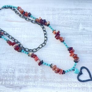 Teal Agate Wood and Bronze Double Heart Necklace