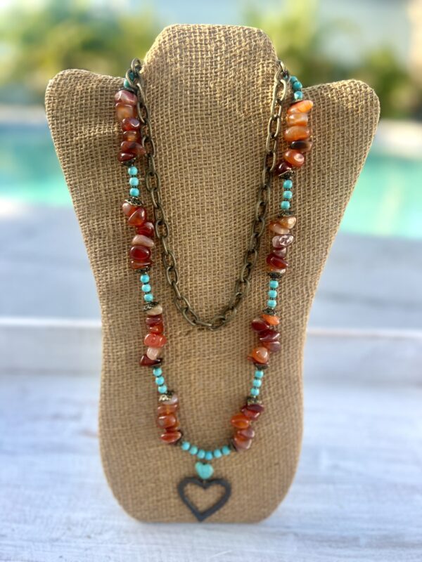 Teal Agate Wood and Bronze Double Heart Necklace