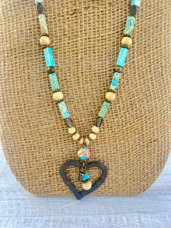 Teal Jasper Wood and Bronze Double Heart Necklace
