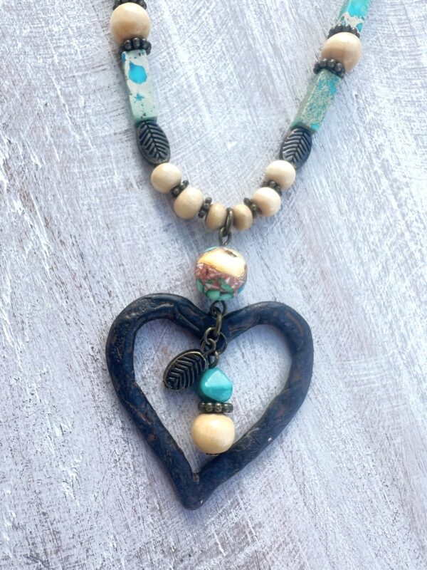 Teal Jasper Wood and Bronze Double Heart Necklace