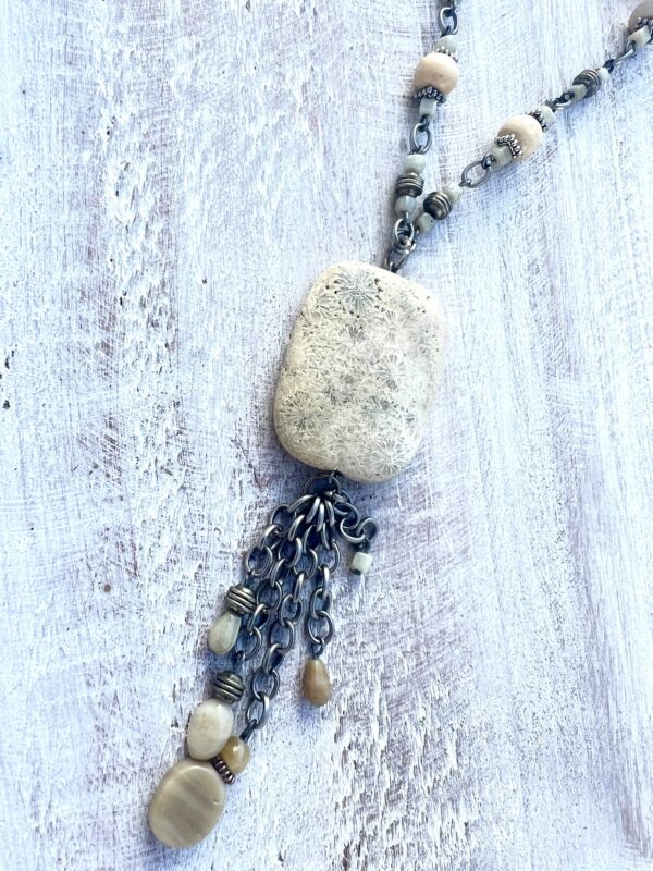 Cream Fossil & Wood Pewter Double Tassel Necklace