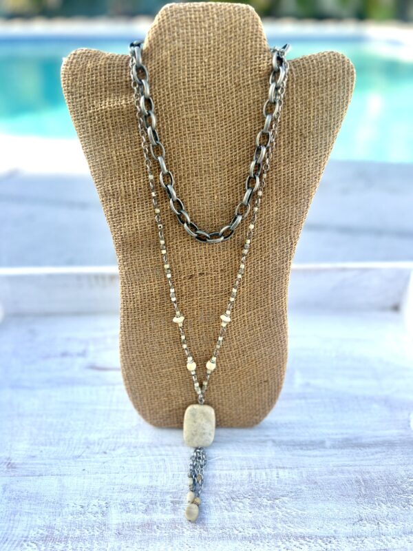Cream Fossil & Wood Pewter Double Tassel Necklace