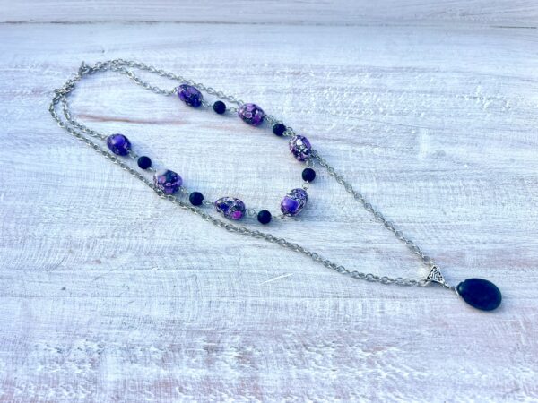 Purple Agate and Black Lava Rock Diffuser Double Strand Necklace