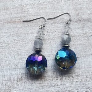 Iridescent Blue and Frosted Gray Dangle Earrings