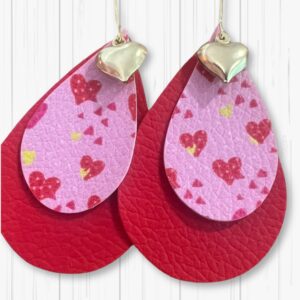 Double Teardrop Pink and Red Gold Hearts Valentine's Earrings