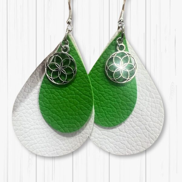 Double Teardrop Green and White Celtic Earrings