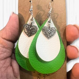 Double Teardrop Green and White Heart Earrings