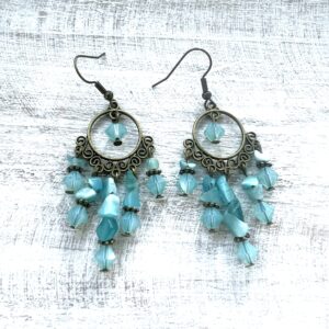 Aquamarine Chips and Bronze Chandelier Earrings