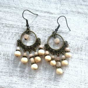 Cream and Wood Bronze Chandelier Earrings