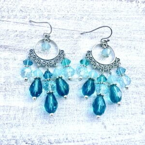 Two-Tone Teal 5-Hole Silver-Tone Circle Chandelier Earrings