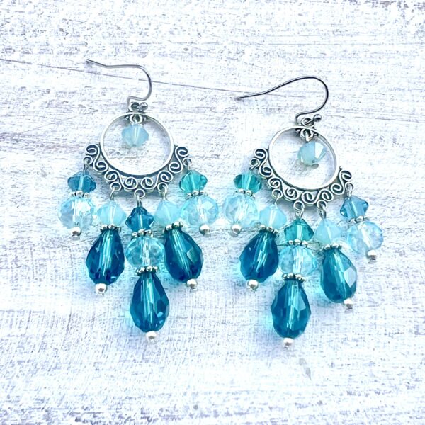 Two-Tone Teal 5-Hole Silver-Tone Circle Chandelier Earrings