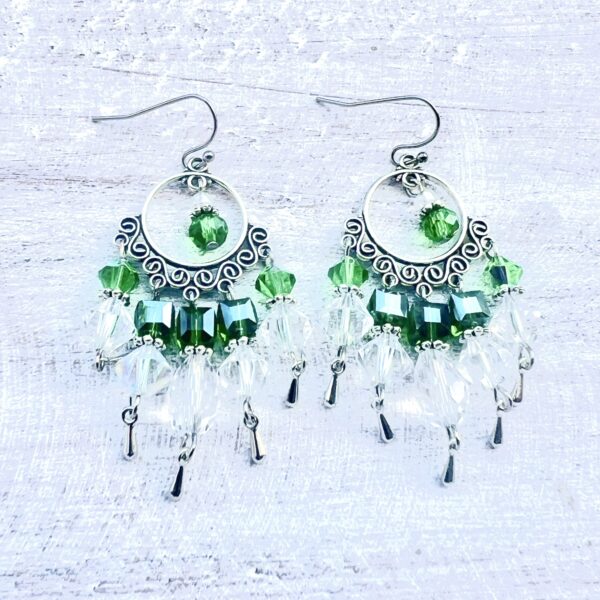 Green & Clear 5-Hole Silver-Tone Circle Chandelier Earrings