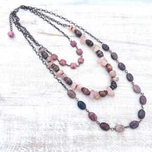 Rhodochrosite and Pink Quartz Triple Layered Copper Chain Necklace